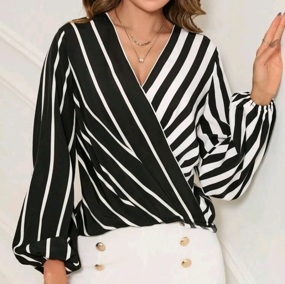 Black & White striped color block faux wrap spring blouse - Picture 4 of 8